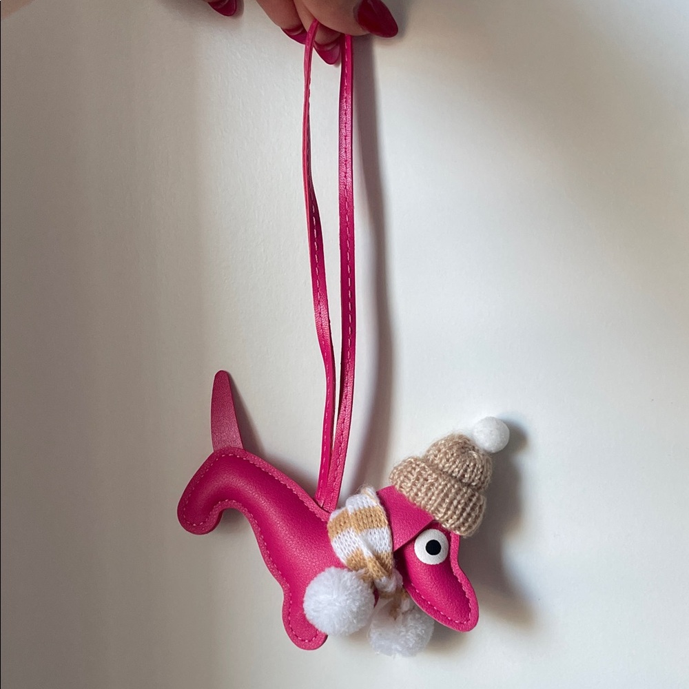 Pink Dog Charm with Knit Hat & Pom Poms